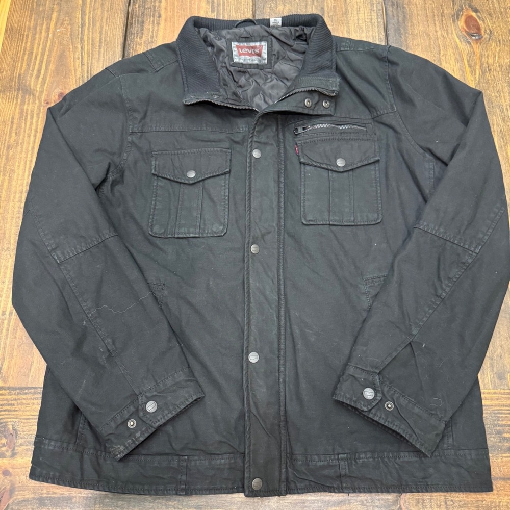 Levis Mens Black Canvas Quilted Field Jacket XL Full Zip Snap utility, pockets
